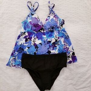 Two Piece Trikini Blue Floral Black Bathing Suit Swim